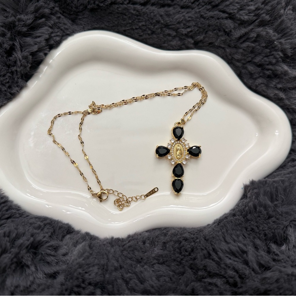 Gold and Black Teardrop Cross Necklace